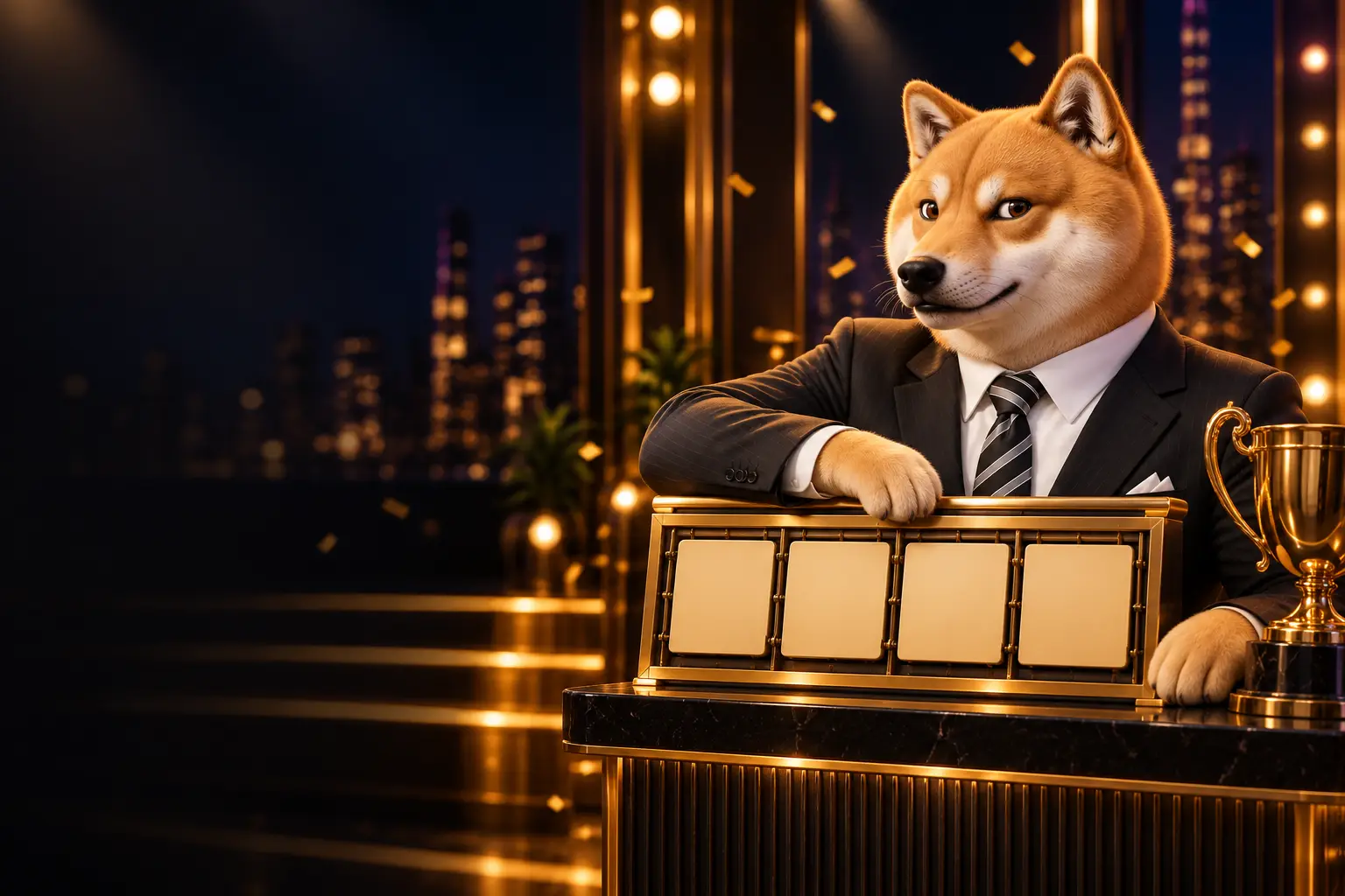 The Slumdoge Millionaire accoudé à un pupitre de plateau télé, à côté d'une coupe dorée et d'un tableau des scores.