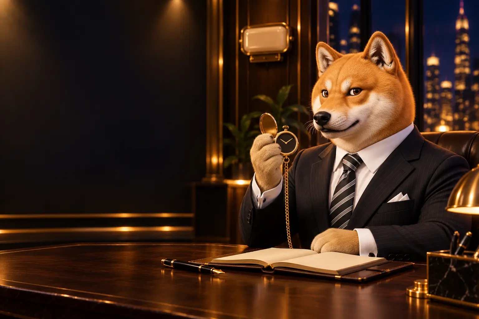 The Slumdoge Millionaire à son bureau, une montre à gousset à la main, son agenda ouvert devant lui.