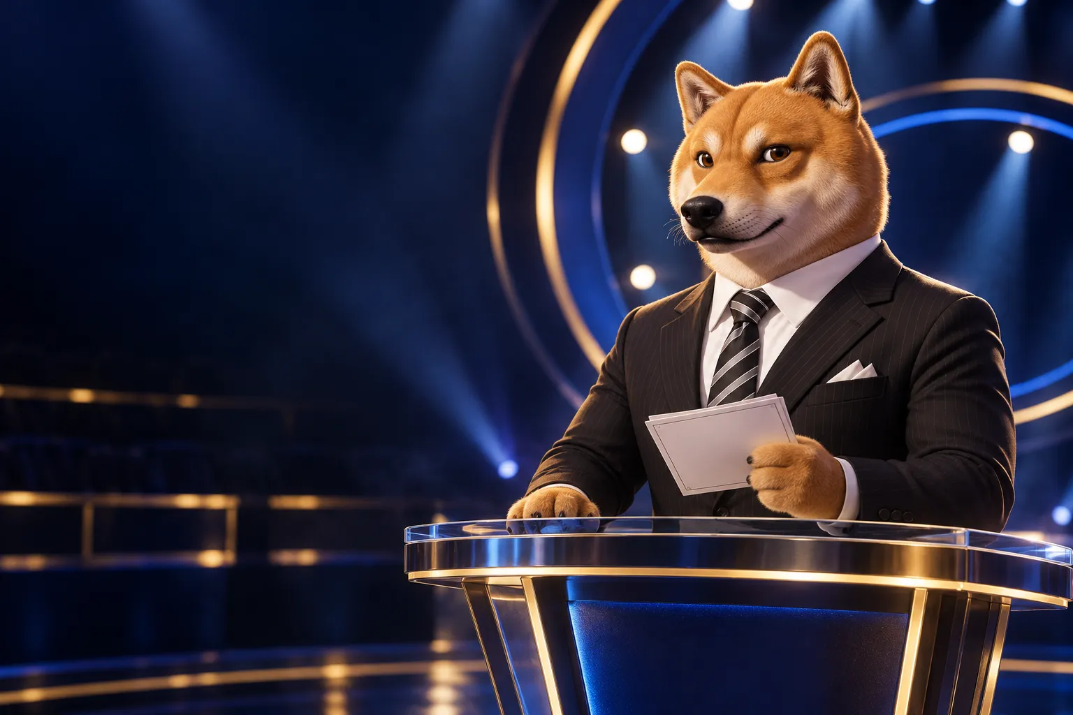 The Slumdoge Millionaire en présentateur de quiz, derrière un pupitre de verre sur un plateau bleu nuit.