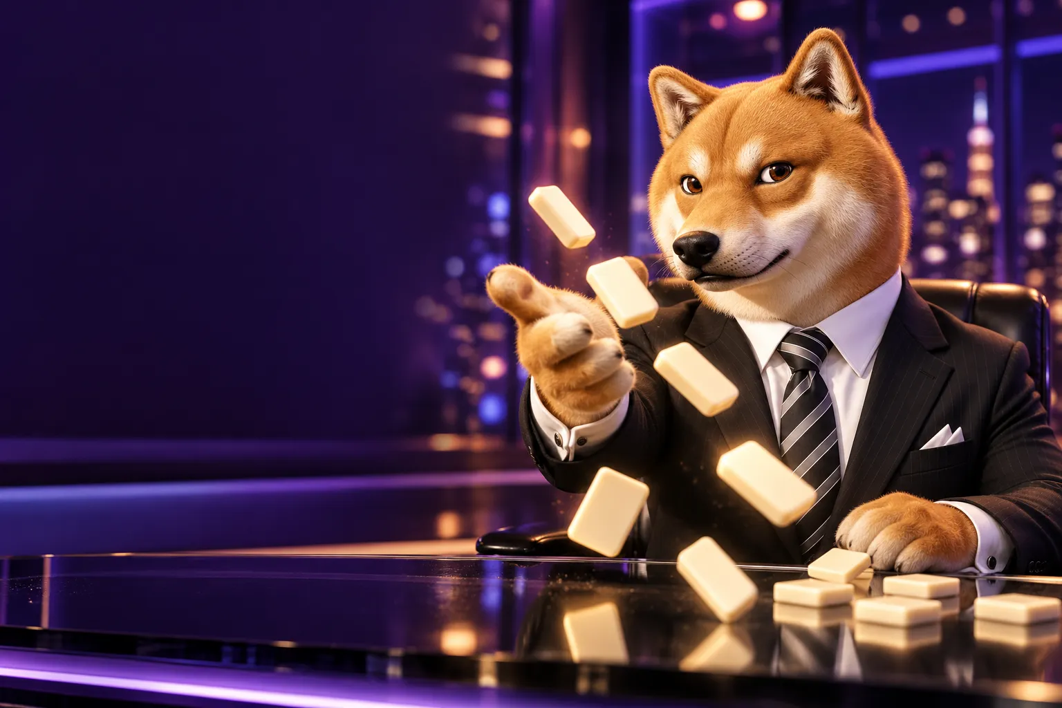 The Slumdoge Millionaire à son bureau, lançant une poignée de lettres en l'air dans un studio violet.