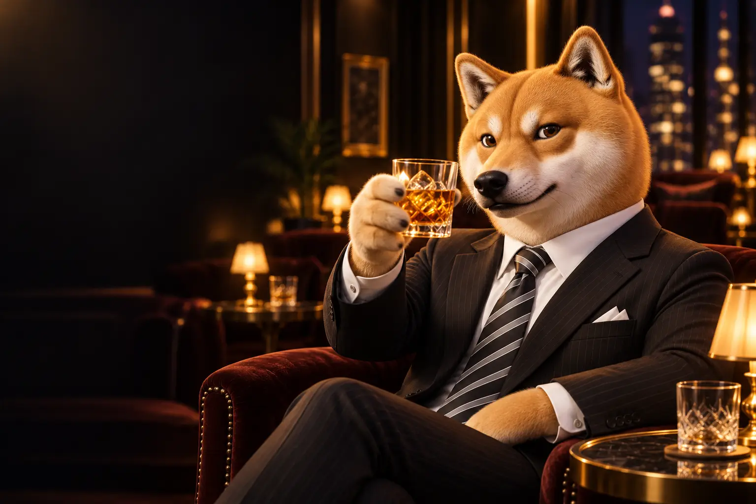 The Slumdoge Millionaire lève son verre de whisky depuis un fauteuil de velours, dans un salon de nuit.